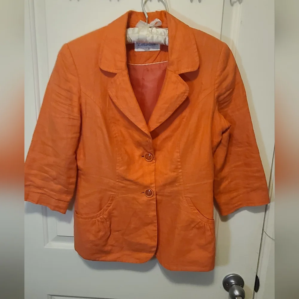 DELIRIUM Coral Orange Linen 3/4 Sleeve Blazer - Picture 7 of 11